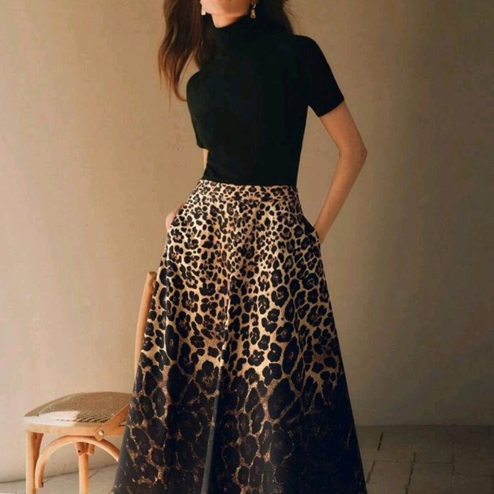 Anewsta Women Leopard Ombre Black Skirt Maxi XL Like New